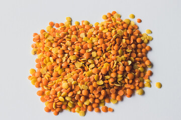Yellow and red lentils healthy vegetarian food ingredients full of proteins