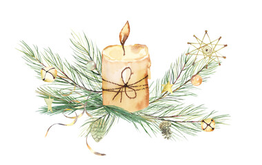 Watercolor green and gold Christmas decor. Golden balls  for christmas tree. New year celebration greeting cards. Golden christmas decor.  Glass christmas decoration