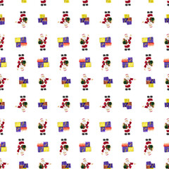 A seamless pattern, Santa Claus and gift boxes, white background.