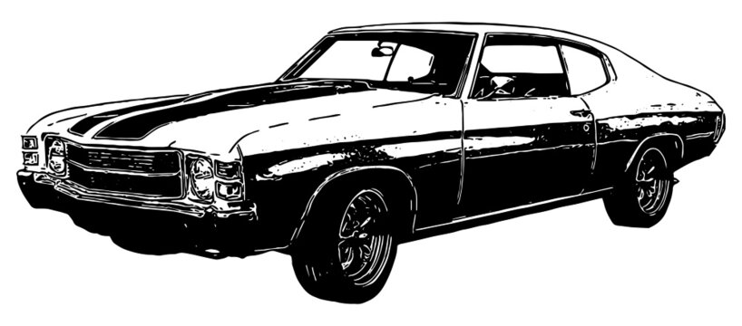 1970s Classic Muscle Car Vector Graphic Illustration With Texture In Black On White Background 