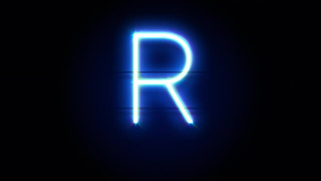 Neon font letter R uppercase appear in center and disappear after some time. Animated blue neon alphabet symbol on black background. Looped animation.