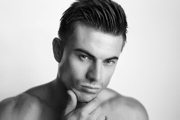 Naklejka premium Muscular sexy model sports young man on white background. Black and white portrait of beautiful smiling healthy guy with beard.