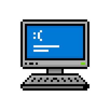 Pixel Art 8-bit Business Computer Pc With OS Critical Error Message On Blue Screen - Editable Isolated Vector Illustration