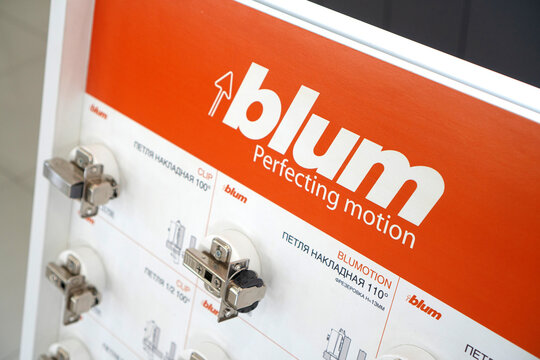 Kharkiv, Ukraine- 21 October, 2020: Illustrative editorial of Blum kitchen furniture systems. Company stand.