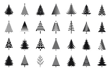 Obraz premium A set of black isolated Christmas Trees. Vector illustration and Icon.