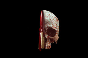Bloody human skull isolated on black background . Still life blood and bullet. Copy space.