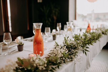 Luxurious wedding table setting. Luxurious wedding hall.
