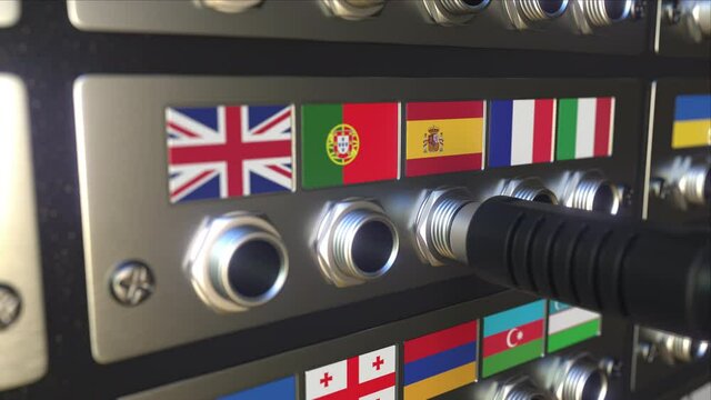 Jack plug with flag of Spain. Conceptual 3d animation