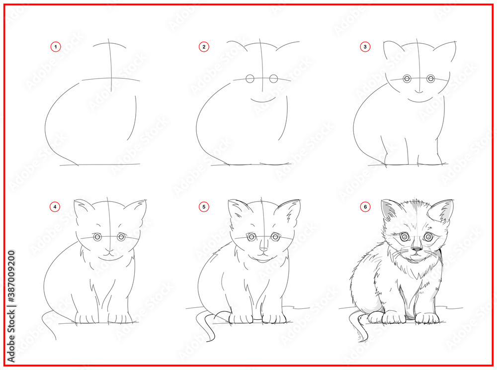Wall mural page shows how to learn to draw sketch of cute little kitten. creation step by step pencil drawing. 