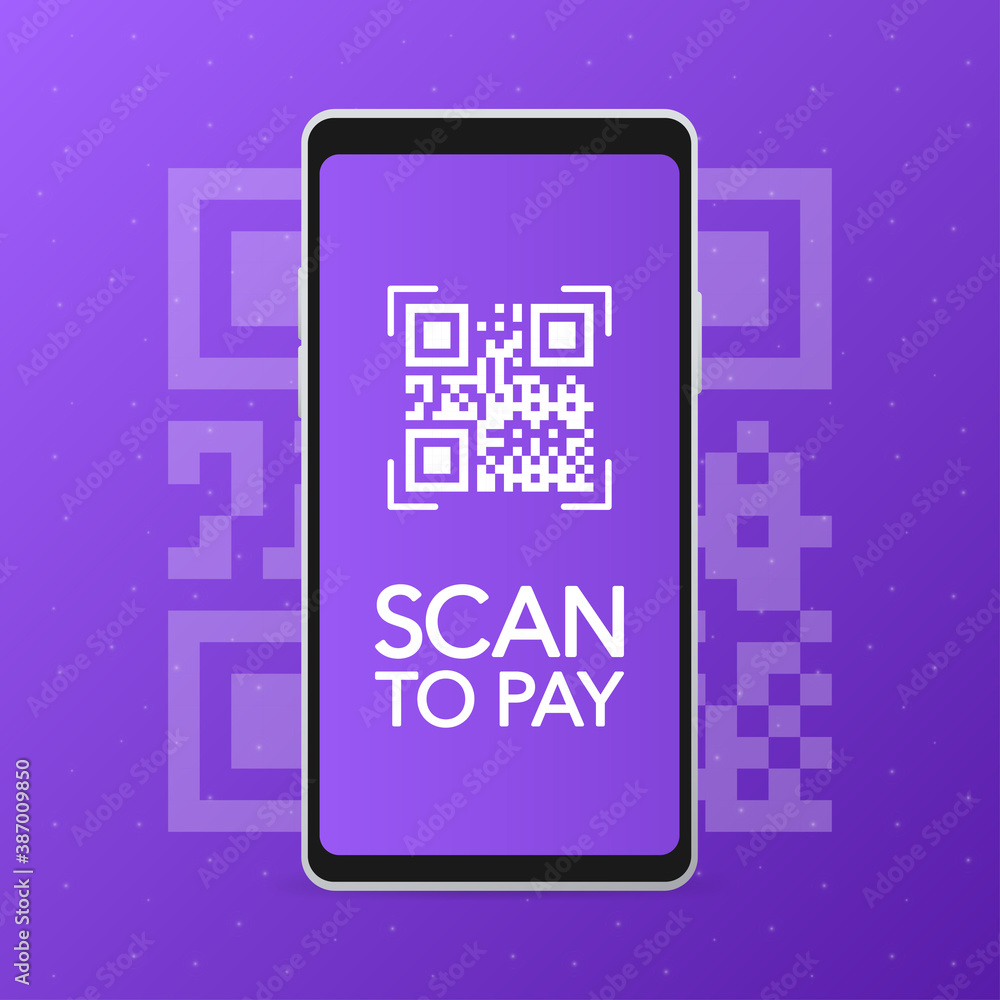 Poster scan to pay. smartphone screen. digital device. barcode. vector illustration.