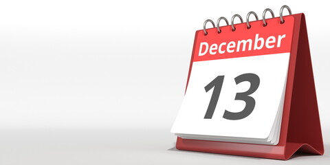December 13 date on the flip calendar page, 3d rendering