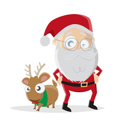 funny illustration of cartoon santa claus with reindeer