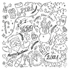 
A set of Christmas elements for postcards, packaging, clothes and other designs in a New Year theme. Christmas tree, santa, snowman, garland, clocks, phrases and many other elements in doodle style.