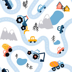 Seamless vector highlands road map pattern in scandinavian style. Landscape background with funny road, monster trucks, cars, mountains, lakes, houses. Kid backdrop for textile, fabric, paper, games © svetolk