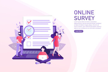 Line online survey people, great design for any purposes. Big laptop with people making survey. Technology concept.