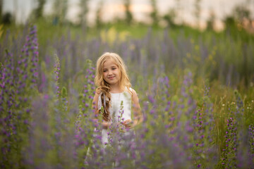 Little cute blonde girl on the field in the summer