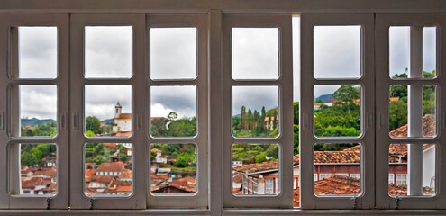 Panoramic window view of Ouro Preto, historical city in Brazil 