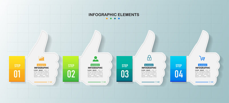 4 Steps timeline infographics with thumbs up hand shape.