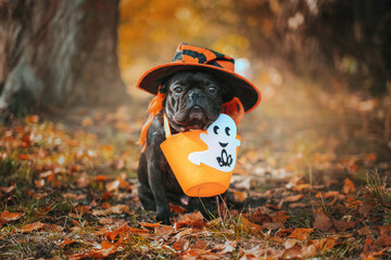 Portrait of a dog in a Halloween costume with a pumpkin basket in the park with yellow leaves....