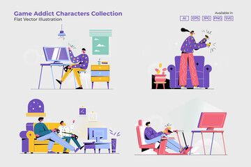 Game Addict Characters Collection - Vector Illustration