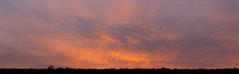 The evening sunset. Panorama. Purple clouds. Tragic gloomy sky.