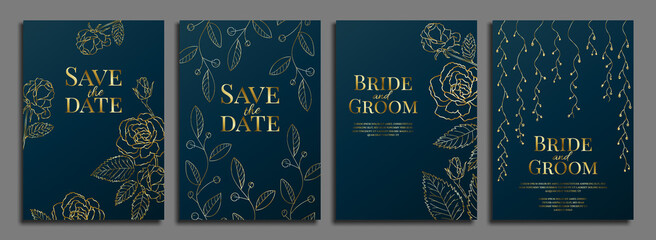 Set of luxury wedding invitation design or greeting card templates with golden roses on a navy blue background