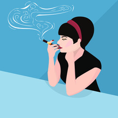 young woman sitting at a table alone and vaping, retro style