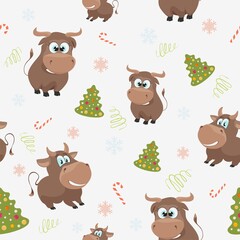 New Year Seamless pattern with cute bull.Printable background or endless decoration for Christmas design.