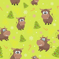 New year seamless background with a bull. Vector pattern for printing on fabric and clothing.