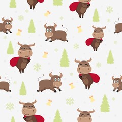 Beautiful vector new year pattern with bulls on a light background.