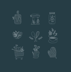 Hand made floral icons kitchen dark blue