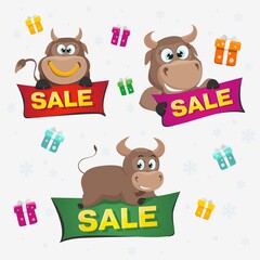 New year's bulls with a sign sale. Beautiful images for creating new year designs with a bull.