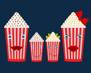 Popcorn family. Father, mother, son, daughter. Full buckets with red and white stripes. Cheerful and funny family characters with human faces. Vector illustration, icon.