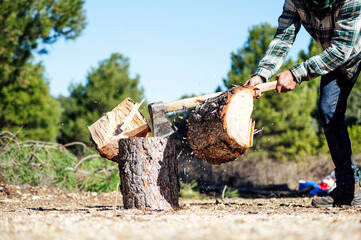 Close up of lumberjack dividing a log