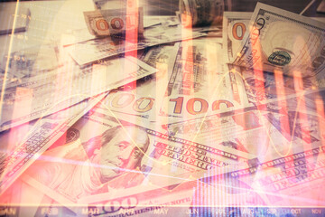 Multi exposure of forex chart drawing over us dollars bill background. Concept of financial success markets.