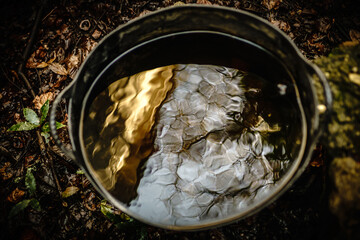 Cubo con agua y reflejos de árboles 