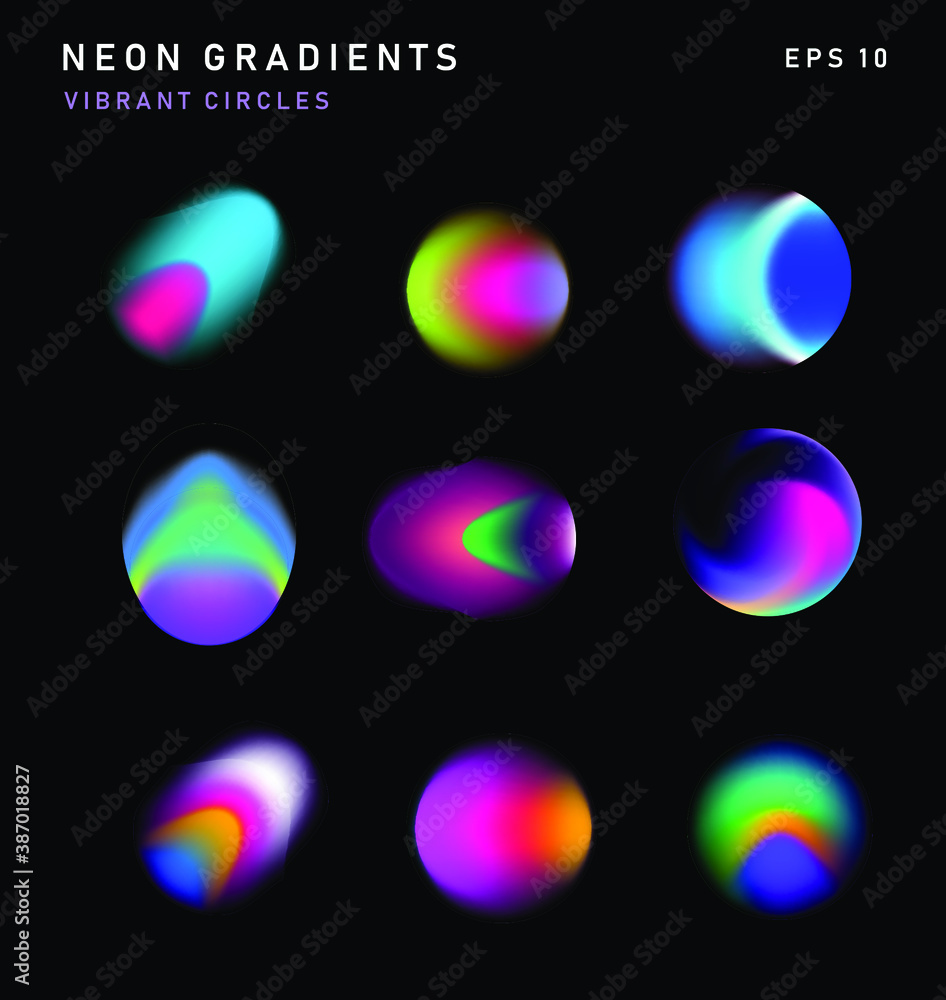Poster vibrant colorful abstract gradient blurs, neon spots, blurred circles. set of design elements for po