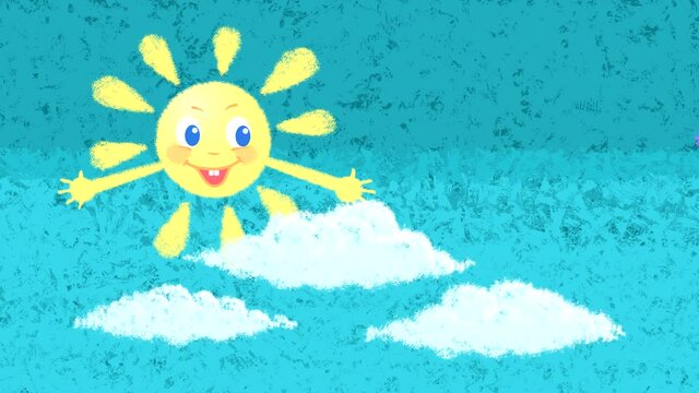 The sun with a smile and beams-hands moves its eyes against the background of a blue sky with clouds and a rainbow, and below the children play ball and fly a kite.