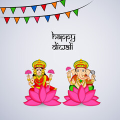 illustration of elements of hindu festival Diwali background. illustration of Hindu god Laxmi and Ganesh with Happy Diwali text on the occasion of Hindu festival Diwali celebrated in India
