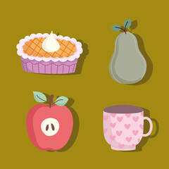 set icons apple cake pear and coffee cup cartoon
