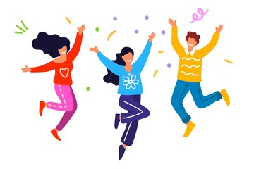 Fototapeta na wymiar Happy group of people jumping on a white background vector illustration in a flat style Concept of friendship Healthy lifestyle Success
