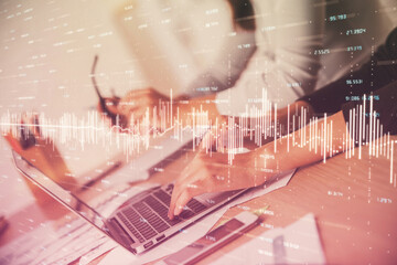 Multi exposure of woman hands typing on computer and financial chart hologram drawing. Stock market analysis concept.