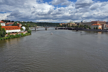 River in Prague with buildings in both sides. Clouds over the river. Vltava river