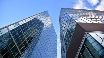 Bottom view of modern office buildings in the business district