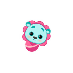 funny blue baby bear in pink swaddling clothes, sticker for printing, emoticon for social networks, mascot, vector eps 10 isolated on white cute toy for kids