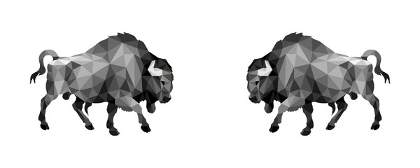 bison, bull, isolated monochrome black-and-white image on a white background in a low-poly style