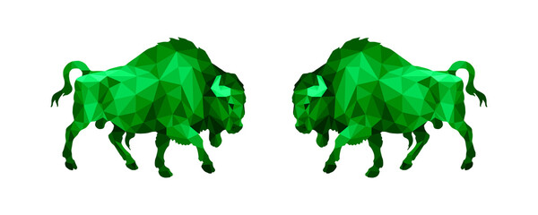 bison, bull, isolated monochrome emerald image on a white background in a low-poly style