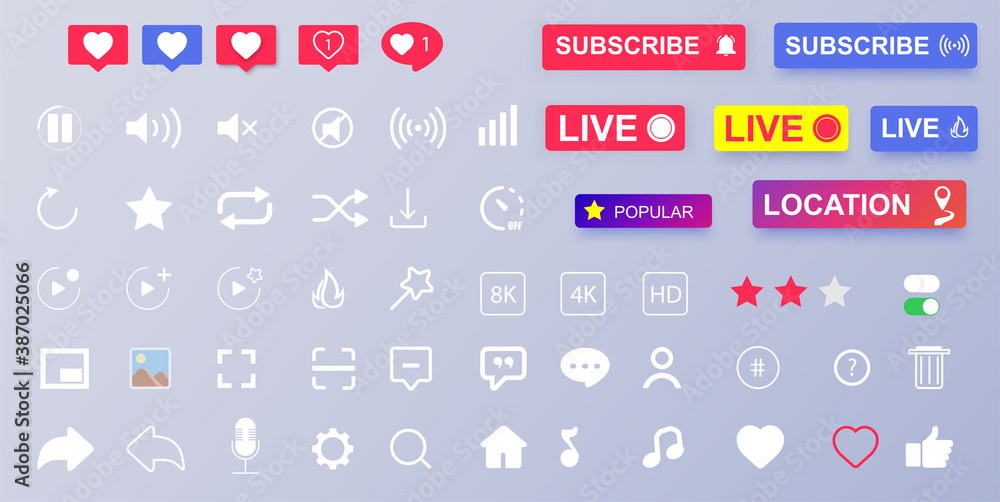 Poster set of media icons. interface buttons. like heart user favorite option comment bubble social media i