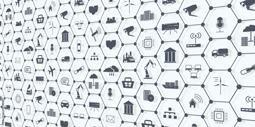 Poster landing page iot. internet of things devices and connectivity concepts on a network. spider web of n