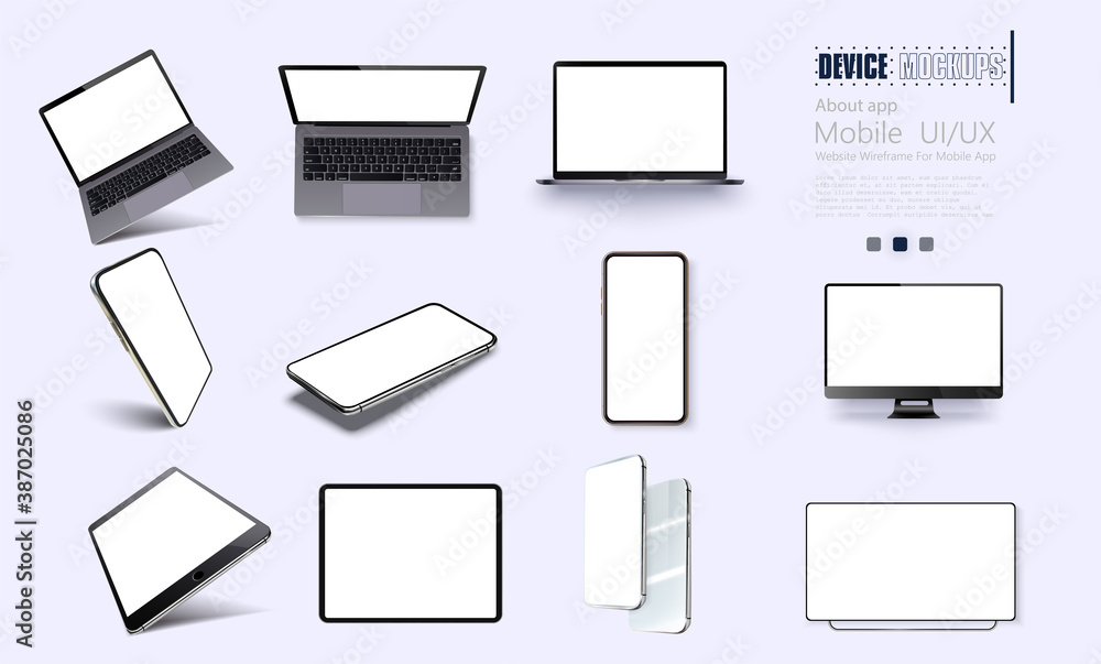 Poster vector minimalistic 3d isometric illustration set device. smartphone, laptop, tablet, tv perspective